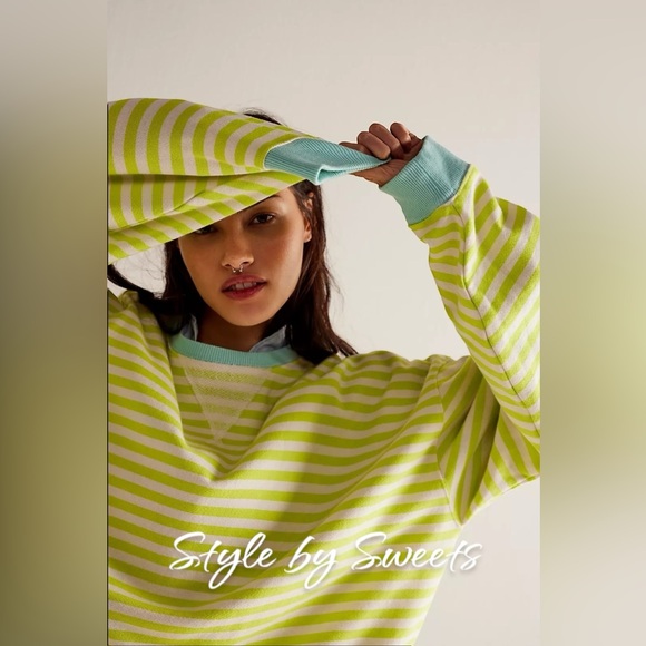 Free People Classic Striped Oversized Crewneck Lime Combo - Picture 3 of 4